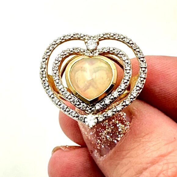 Chuck Clemency Womens Ring Sterling Silver Heart Opal White Topaz Diamond Ring